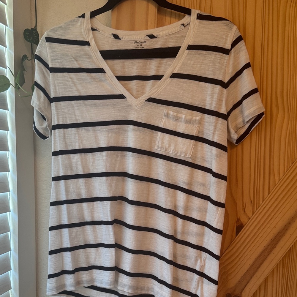 Madewell Black and White Striped V-Neck Tee